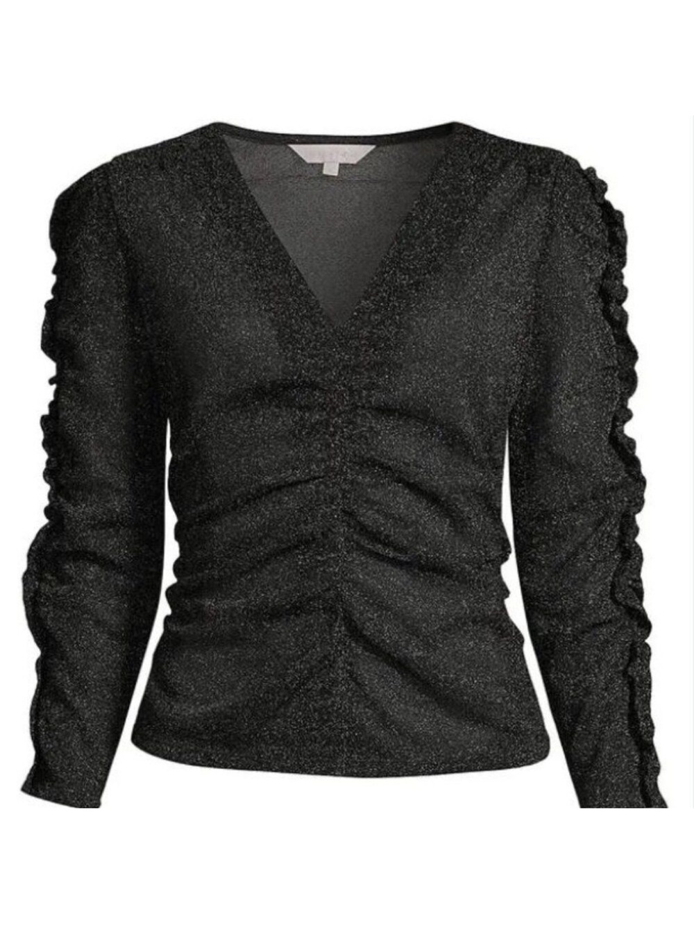 Rebecca Taylor Black Shimmer Ruched Long Sleeve V-Neck Top